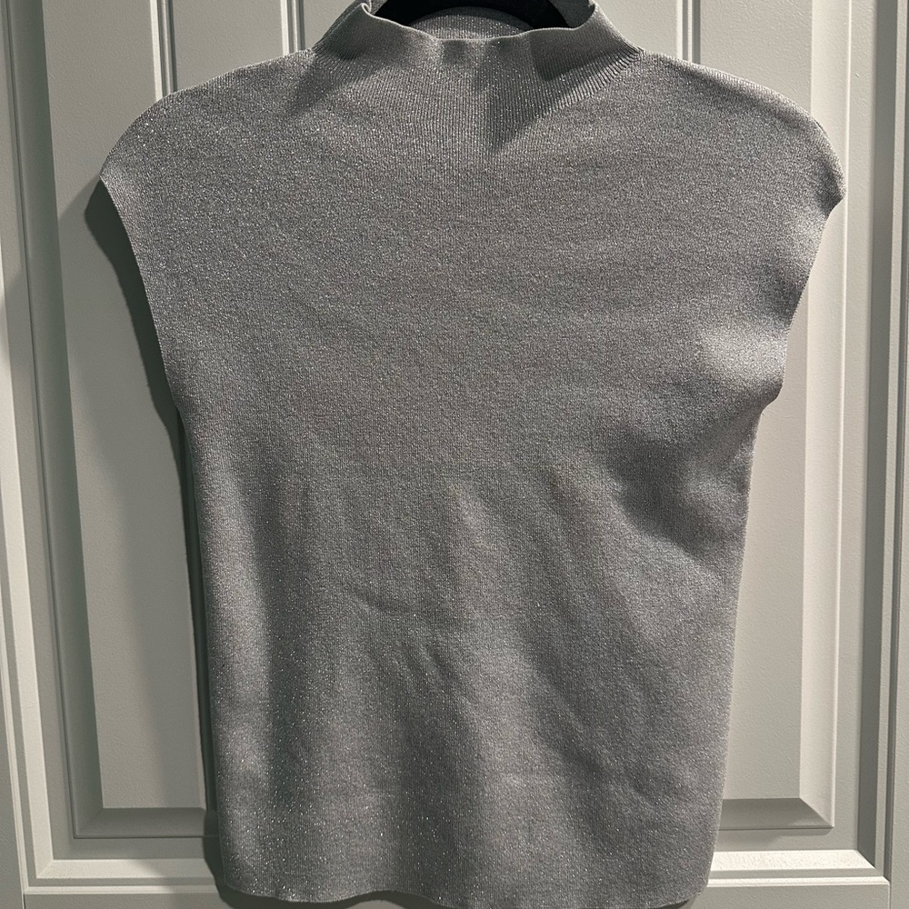 Ann Taylor Silver Sparkle Mock Neck Cap Sleeve Top